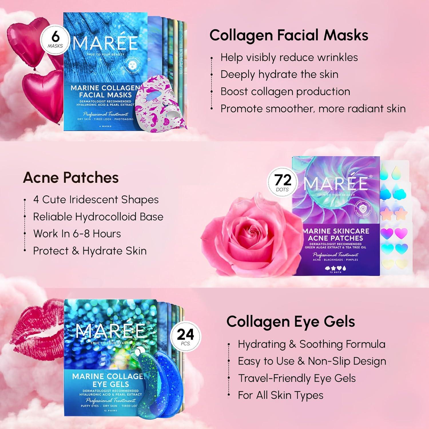 MAREE Valentines Day Gifts for Her – Skincare Gift Box – Under Eye Patches, Collagen Face Mask & Cute Star Pimple Patches – Valentines Gifts for Her, Gift Box for Women, Mom & Self-Care Lovers